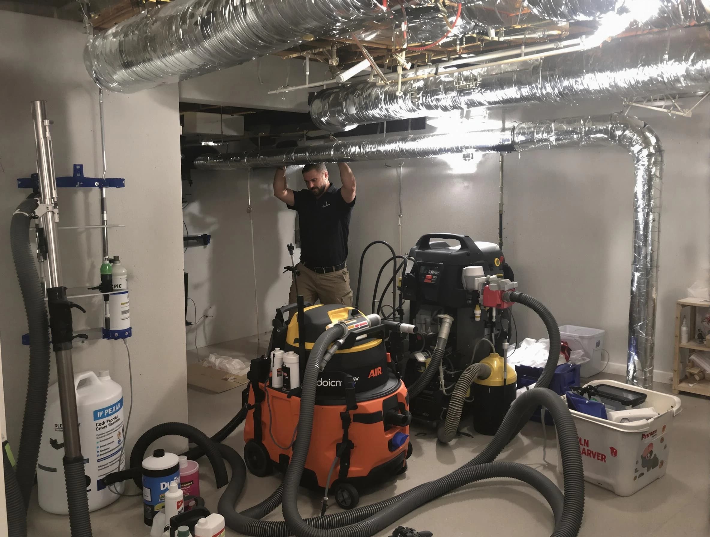 Fayetteville Air Duct Cleaning specialist performing professional mold removal from air ducts using safety equipment in Fayetteville