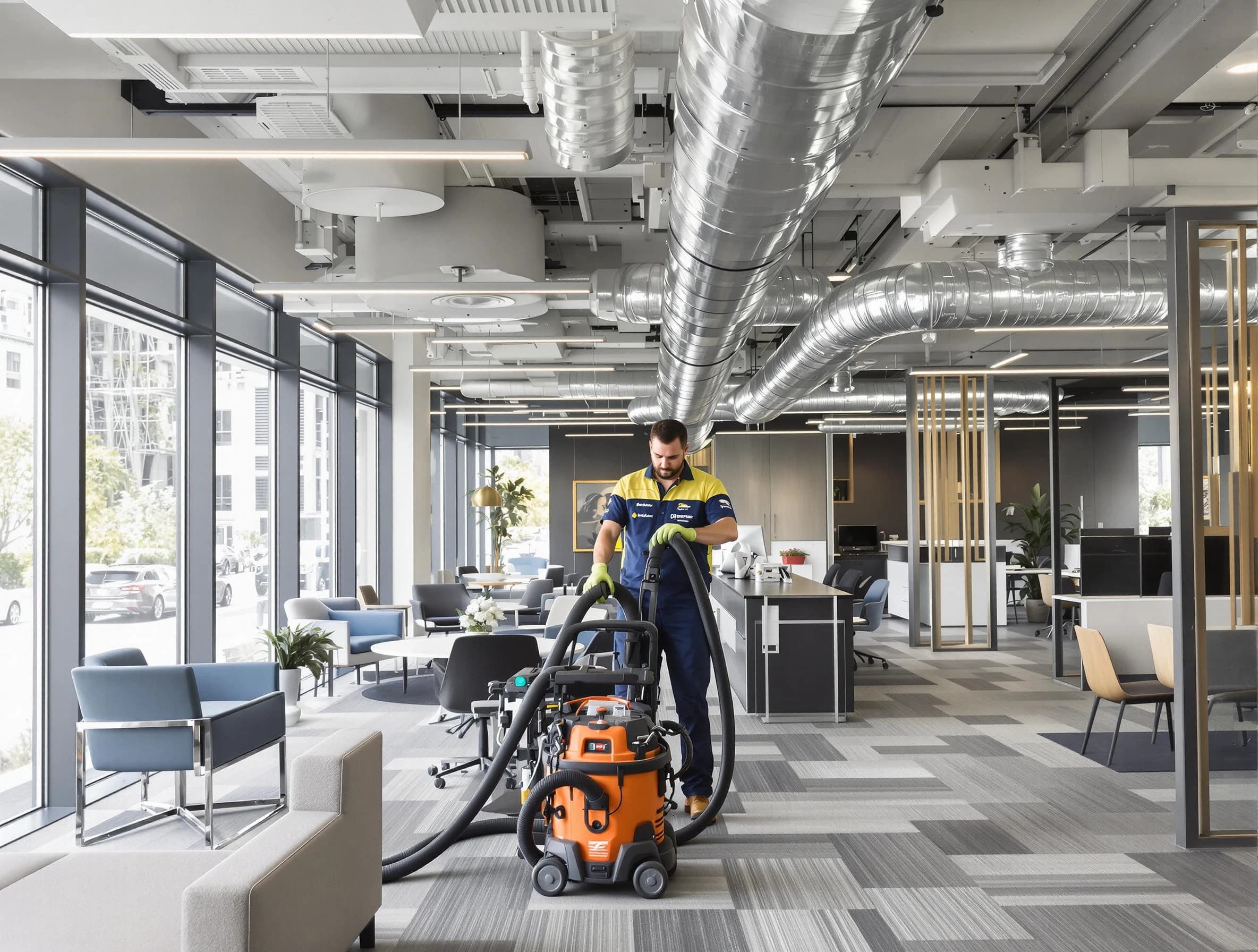 Fayetteville Air Duct Cleaning team performing thorough commercial duct cleaning at a Fayetteville business center